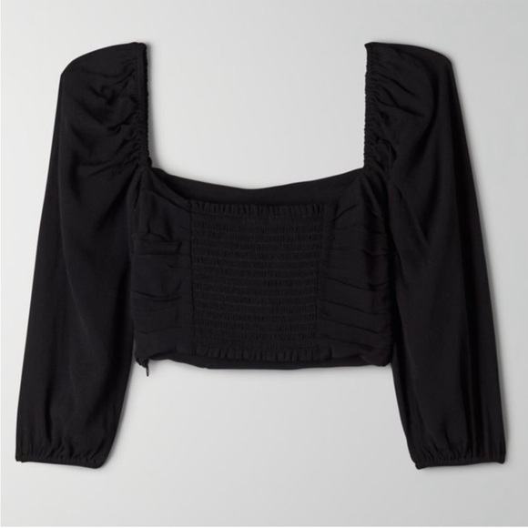 Aritzia Wilfred Lolita Smocked Cropped Blouse in Black NWT Size Medium - Picture 3 of 7